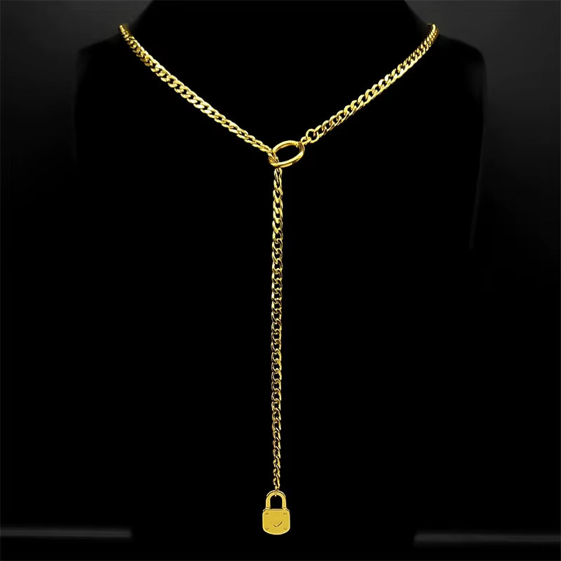 Heart O-Ring Long Chain for Women Men Punk Rock Necklace Stainless Steel Key Lock Necklaces Adjustable Y-Necklace Jewelry Gift