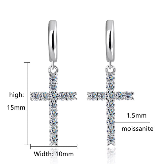 D VVS1 Cross Moissanite Earrings for Women Man GRA Certified round Diamond Solid S925 Silver Plated 18K Hoop Earring
