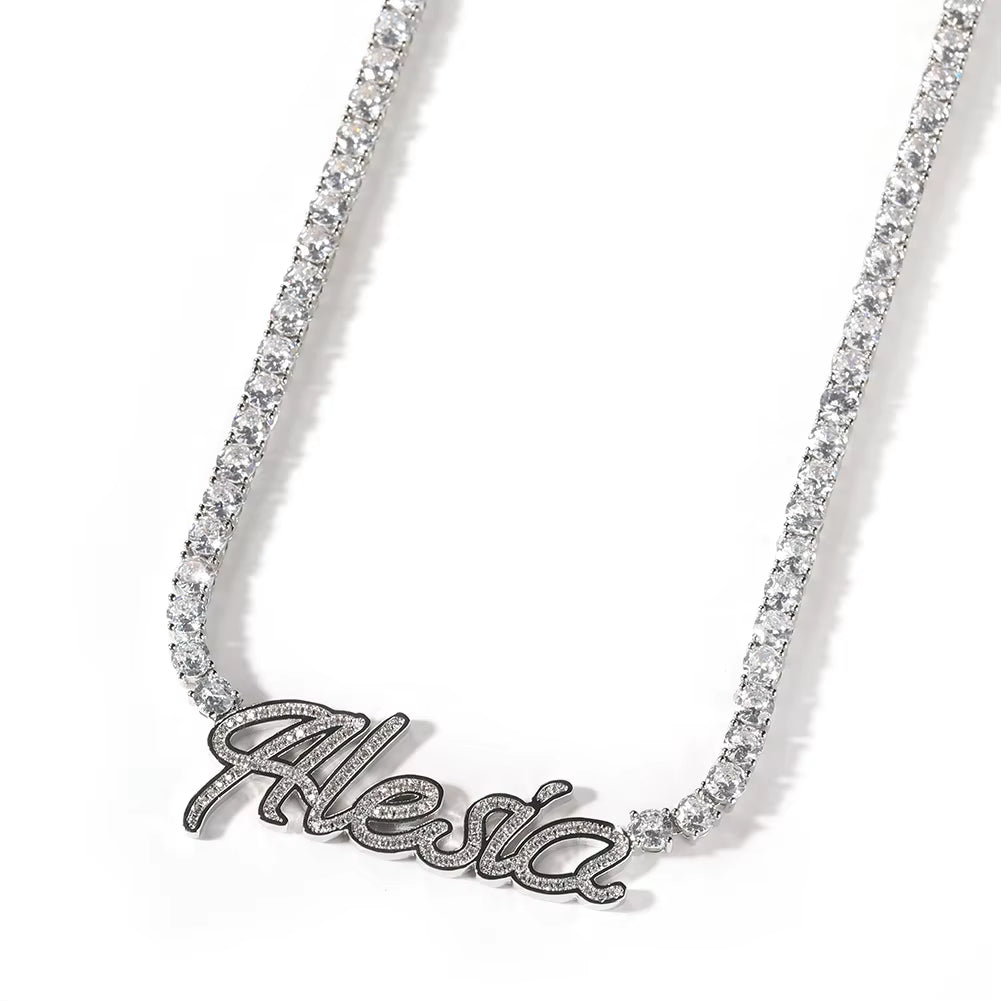 Custom Name Necklace Cursive Letters Pendant Iced Out Bling Cubic Zircon with 4Mm Tennis Chain Charm Hiphop Jewelry