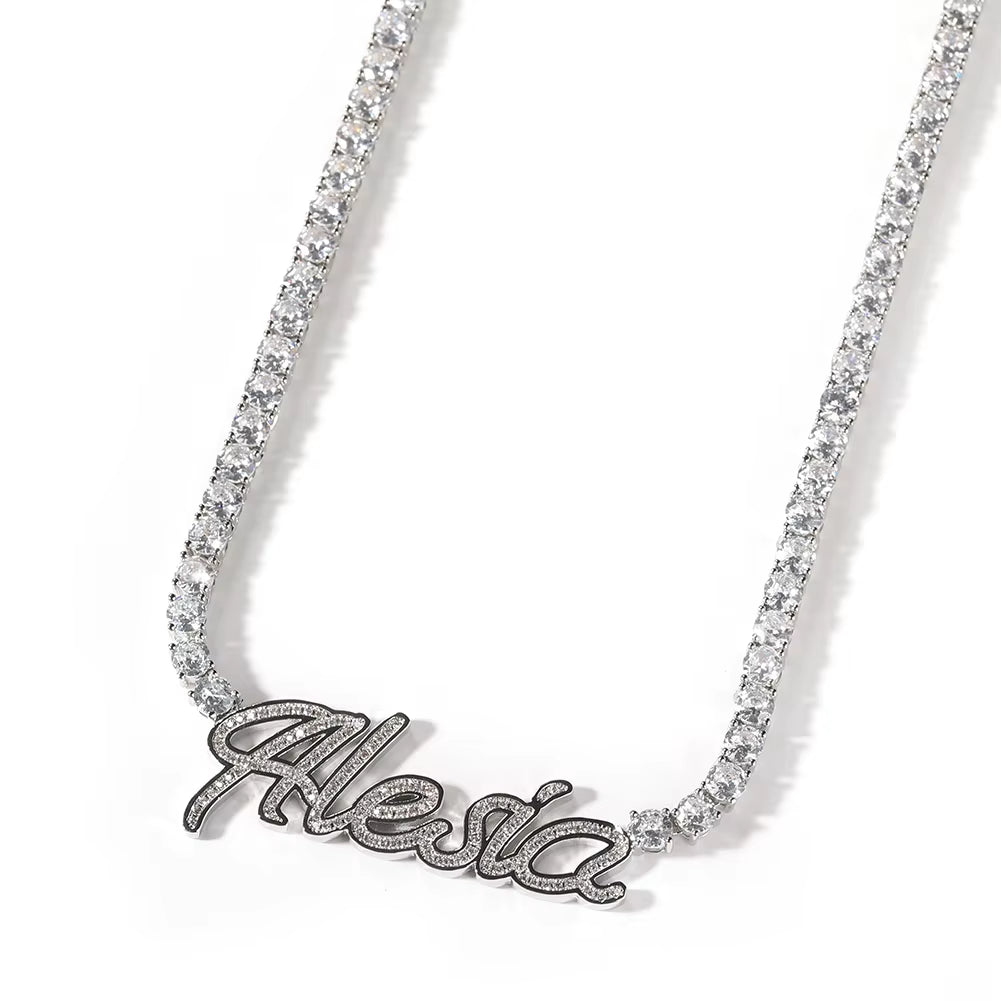 Custom Name Necklace Cursive Letters Pendant Iced Out Bling Cubic Zircon with 4Mm Tennis Chain Charm Hiphop Jewelry