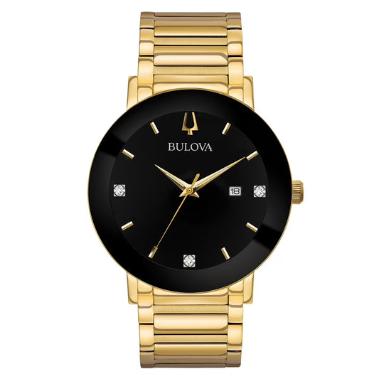 Men'S Modern Black Dial Yellow Gold Steel Bracelet Diamond Watch 97D116
