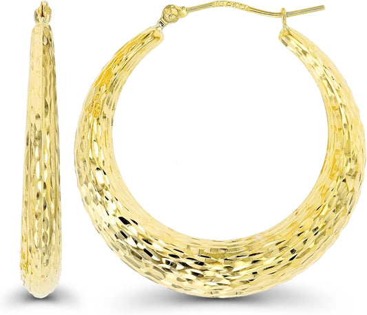 14K Yellow Gold 4.50Mm Thick Diamond Cut or Bamboo Hoop Earrings with Hinged Clasp | 4.50X30Mm Hoop | round Hoop Earrings | Solid Gold Earrings for Women