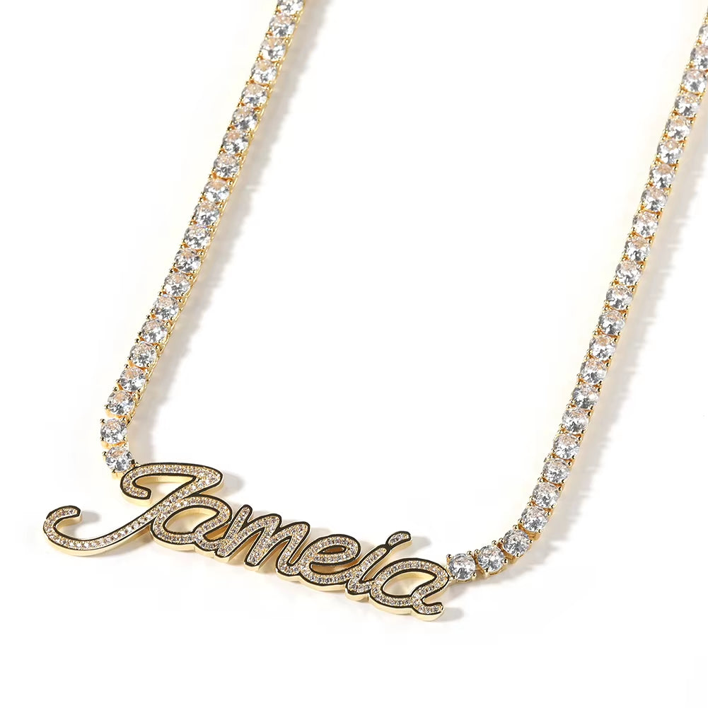 Custom Name Necklace Cursive Letters Pendant Iced Out Bling Cubic Zircon with 4Mm Tennis Chain Charm Hiphop Jewelry