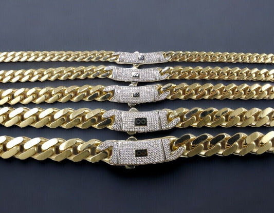 14K Yellow Gold Monaco Miami Cuban Link Bracelet Chain CZ Pave 5Mm-13Mm 7"-9"