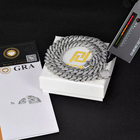 15MM Hip Hop Jewelry Iced Out 925 Sterling Silver Necklace Setting VVS Moissanite Diamond Miami Cuban Link Chain Box Buckle