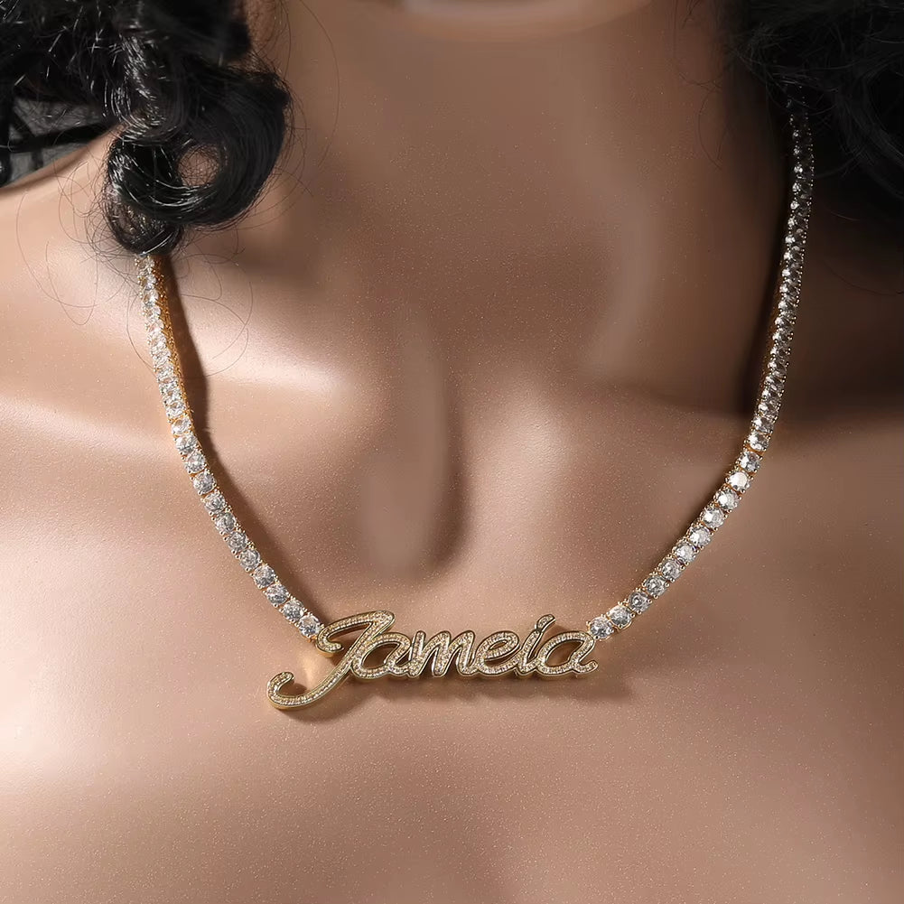 Custom Name Necklace Cursive Letters Pendant Iced Out Bling Cubic Zircon with 4Mm Tennis Chain Charm Hiphop Jewelry