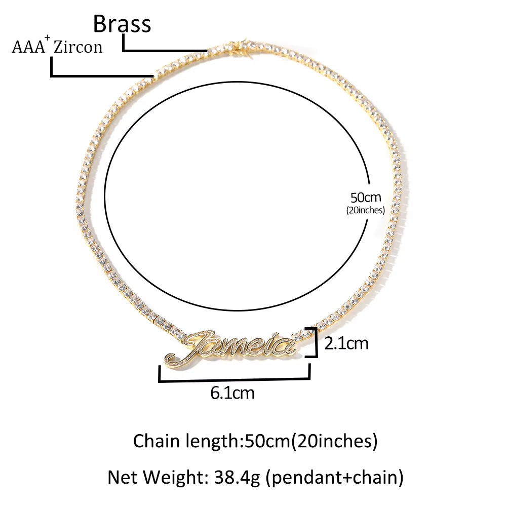 Custom Name Necklace Cursive Letters Pendant Iced Out Bling Cubic Zircon with 4Mm Tennis Chain Charm Hiphop Jewelry