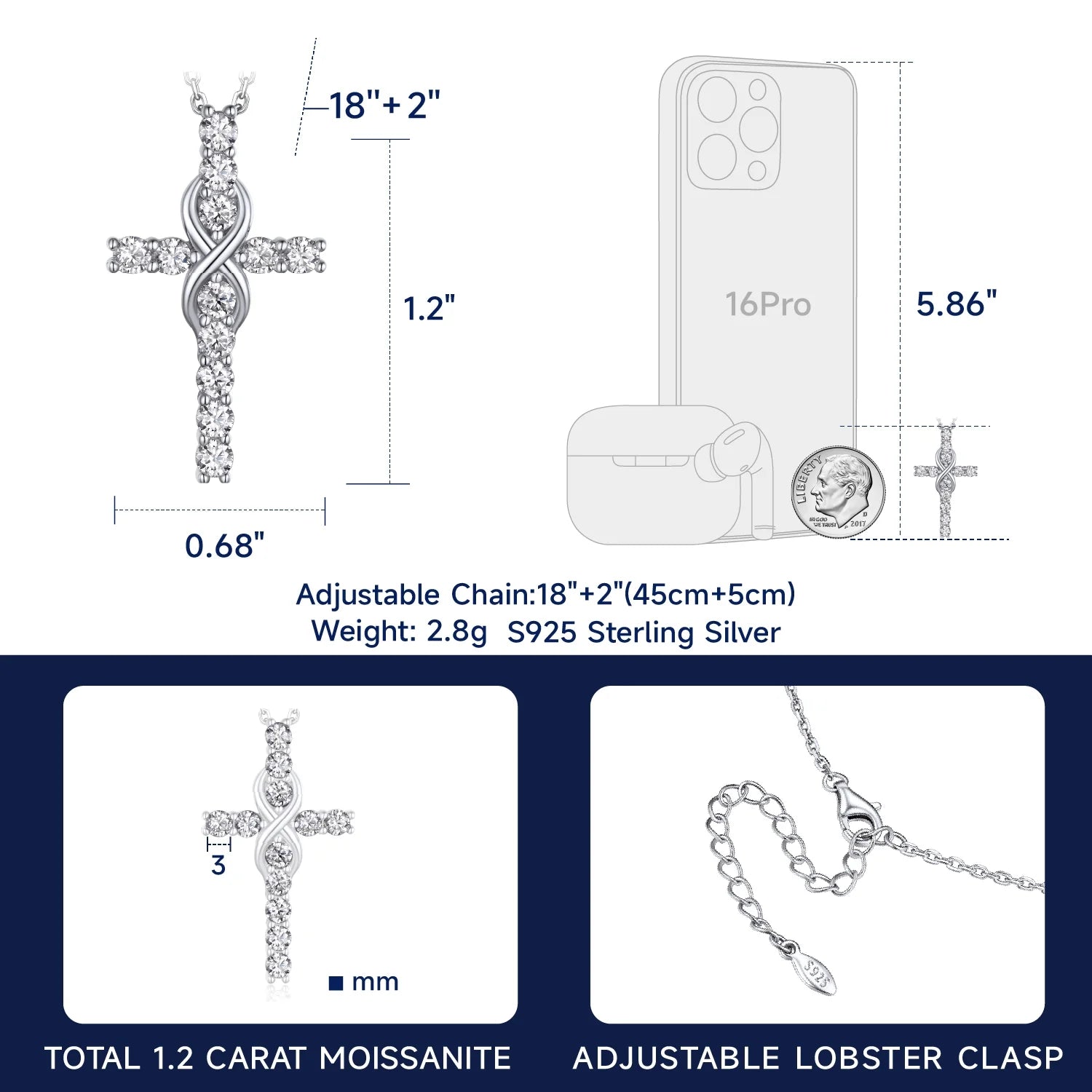 Cross Necklace for Women 1 Carat Moissanite Sterling Silver Pendant Christian Birthday Jewelry Gifts