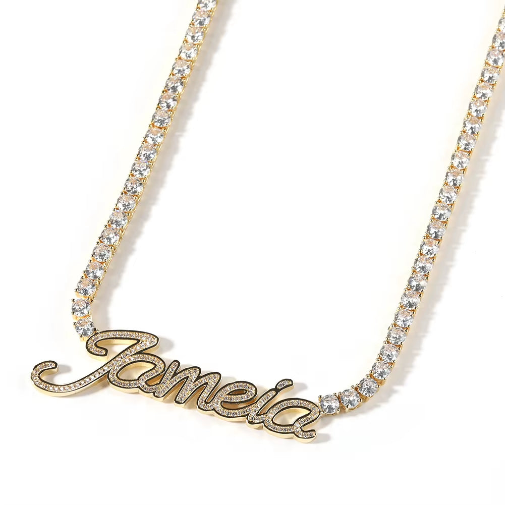 Custom Name Necklace Cursive Letters Pendant Iced Out Bling Cubic Zircon with 4Mm Tennis Chain Charm Hiphop Jewelry